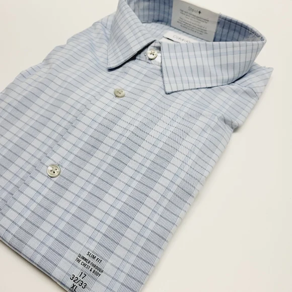 Calvin Klein STEEL+ Slim-Fit Non-Iron Stretch Blue Check Dress Shirt 17 32/33 XL - Picture 9 of 14